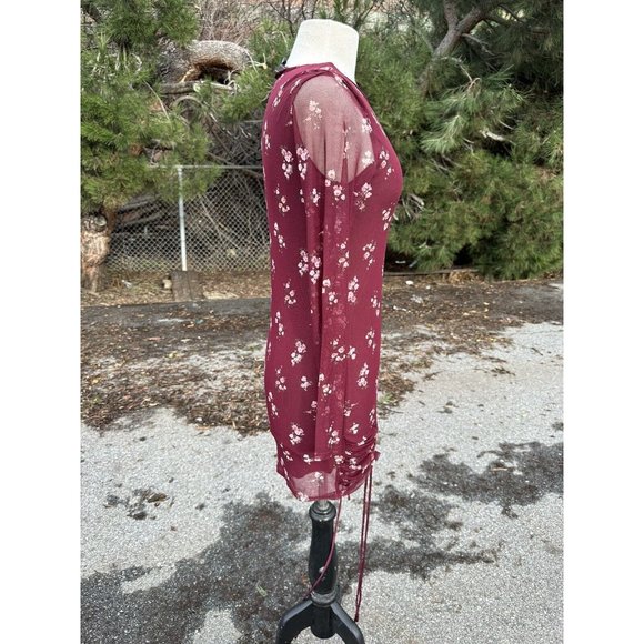 Vibe Sportswear Womans Large Burgundy Dress Floral Long Sheer Sleeve Short Lined - Picture 3 of 8